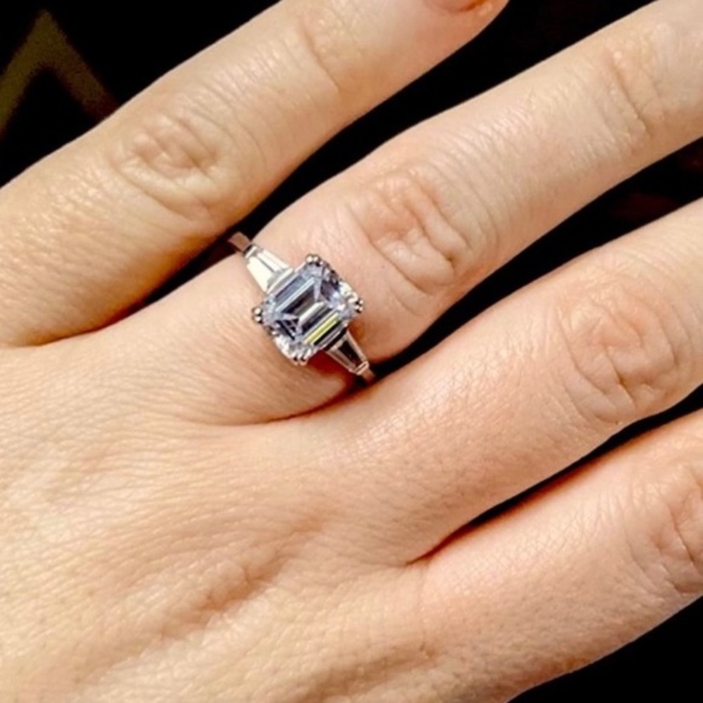 Sterling Silver Emerald Cut Engagement Ring Size 8 - Picture 7 of 9